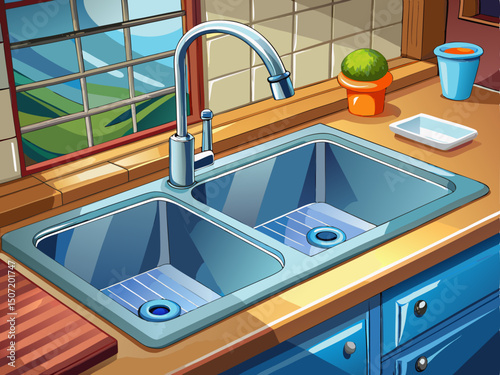 A clean vector of a modern kitchen sink with deep basins and shiny surface, shown alone