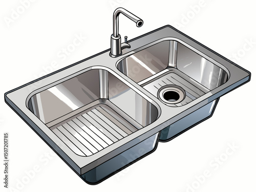 A vector of a stainless steel double bowl kitchen sink with a built-in drainboard, isolated on a white background
