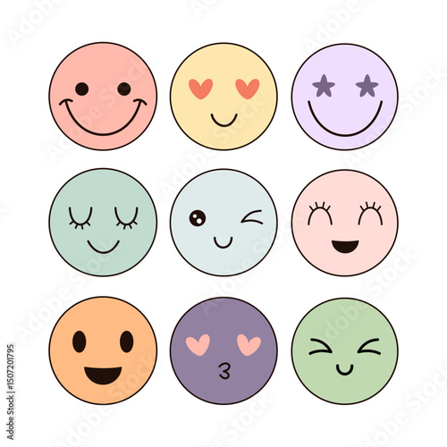 Set with cute Emoji clipart, stickers, emotions, smiley, hand drawn vector illustration in flat style	
