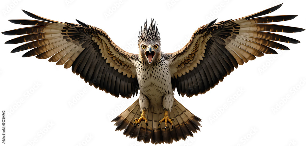 Obraz premium Javan Hawk-Eagle flying fiercely, crest raised, wings wide. Tropical style realism, transparent background, clean focus.