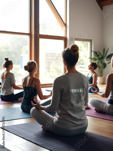 Group of people sit in lotus posture on mats during wellness retreat workshop. Individuals practice mindfulness meditation in light filled room. Nature view outside visible through large windows.