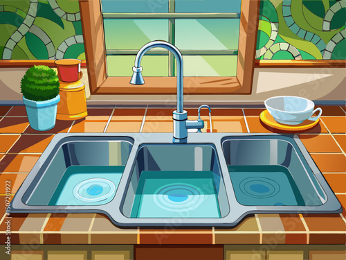 A clean vector of a modern kitchen sink with deep basins and shiny surface, shown alone