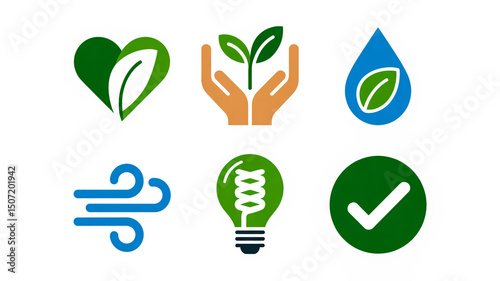 Eco friendly green energy sustainability environment conservation nature resources renewable icons set vector