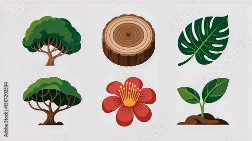 Vector nature elements trees leaves flower plant log growth ecology environment botanical graphic design