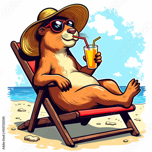 Cartoon capybara relaxing with a drink on the beach in summer  