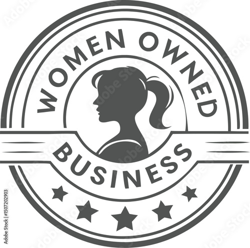 Circular logo design, Women Owned Business text, silhouette of woman's profile, stylized hair, five stars, monochrome