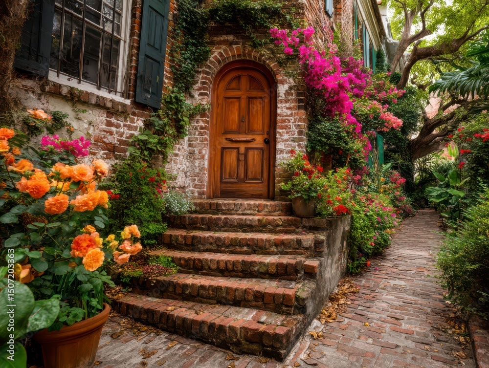 Fototapeta premium Charming Brick Pathway Leading to a Quaint Garden Doorway
