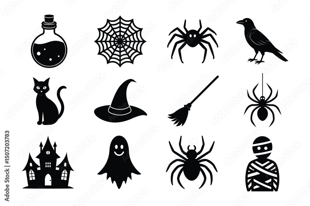 Naklejka premium Halloween Icons Set Witch, Ghost, Spider, Haunted House, and More