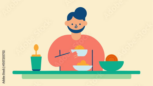 Mindful Eating A person slowly savoring a meal at a table with a focus on the food encouraging the practice of eating mindfully and joyfully.