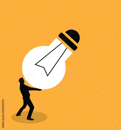 Silhouette of Business Man Carrying a Big Light Bulb. People and technology, fixing issues and generating bright ideas at work vector art