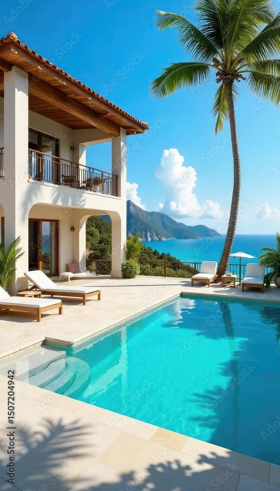 Fototapeta premium Luxurious holiday villa with private pool, spacious outdoor area, and stunning ocean views Perfect for a relaxing getaway or family vacation , family, sun