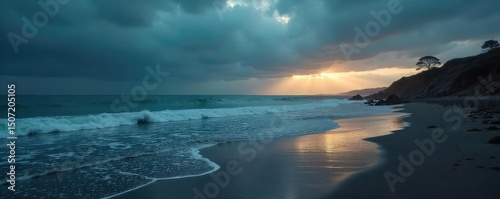 Lonely, windswept beach at dusk; grey sky, dark water, deserted shoreline, somber mood Waves crash against the rocks, conveying a feeling of melancholy and isolation , sky, forlorn