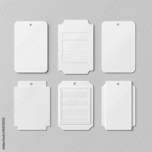 Set of 6 blank white event tickets in various shapes, isolated mockup for promotions, raffles, or concert passes.