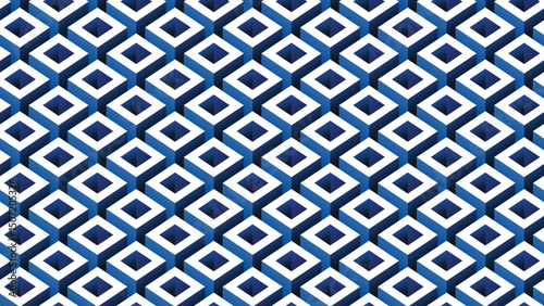 Seamless Isometric Geometric Pattern with 3D Blue Diamond Shapes on White Background