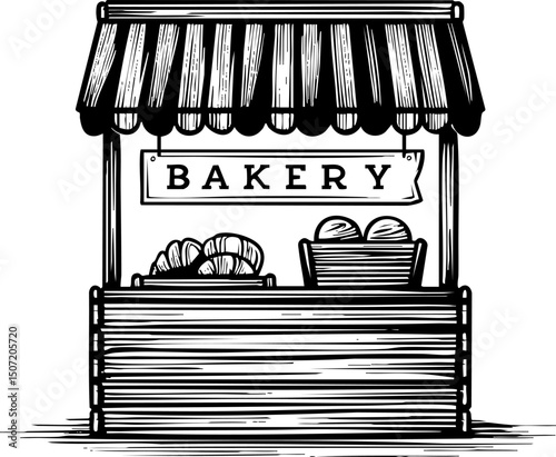 A black and white cartoon drawing of a bakery with a striped awning, display windows filled with pastries, and a sign that says BAKERY