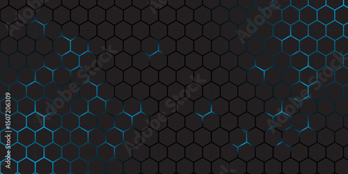 Abstract Futuristic Hexagon Grid Background in Blue and Black. Abstract Tech Honeycomb Pattern with technology Glow Effect. 