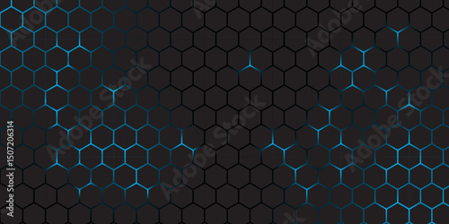 Abstract Futuristic Hexagon Grid Background in Blue and Black. Abstract Tech Honeycomb Pattern with technology Glow Effect. 
