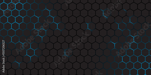 Abstract Futuristic Hexagon Grid Background in Blue and Black. Abstract Tech Honeycomb Pattern with technology Glow Effect. 