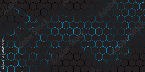 Abstract Futuristic Hexagon Grid Background in Blue and Black. Abstract Tech Honeycomb Pattern with technology Glow Effect. 