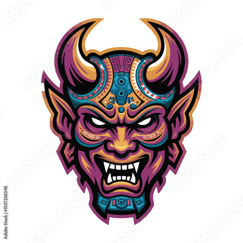 Vibrant Tribal Demon Head Logo Psychedelic Horned Mask Art
