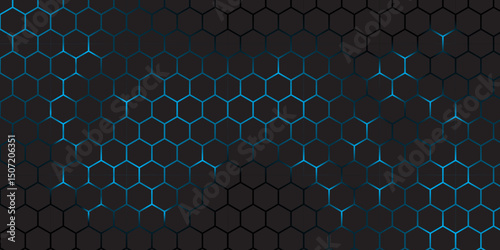 Abstract Futuristic Hexagon Grid Background in Blue and Black. Abstract Tech Honeycomb Pattern with technology Glow Effect. 