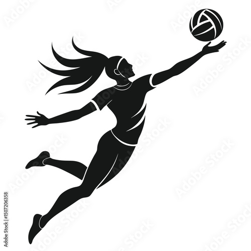 Silhouette of female volleyball player spiking ball during game illustration in black and white.