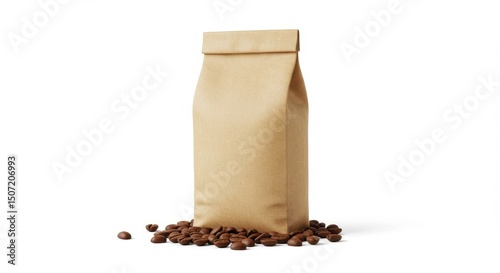 Brown paper coffee bag mockup with roasted beans