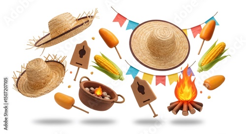 Festa junina party celebration background with straw hats corn and bonfire holiday vector illustration