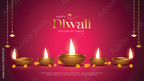 Happy Diwali - festival of lights colorful poster template design with decorative diya lamp. Indian festival of lights Happy Diwali, holiday Background.