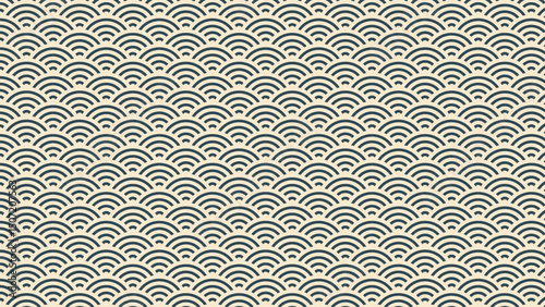 Japanese seigaiha pattern. Black and white scallops print. Fish squama or dragon scale. Sea or ocean waves background