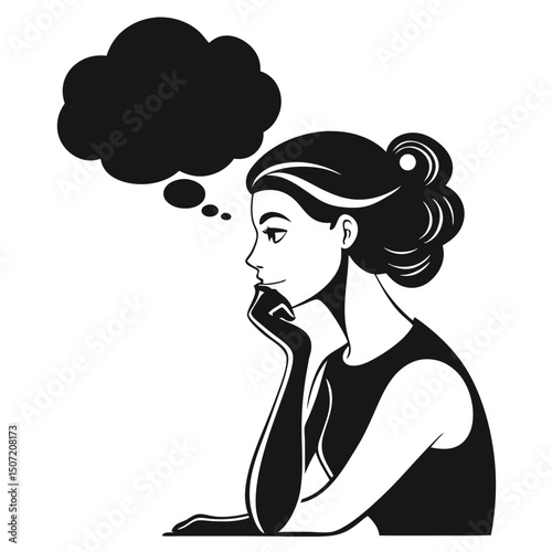 Woman with thinking cloud vector illustration in black and white style depicting thoughtful consideration.