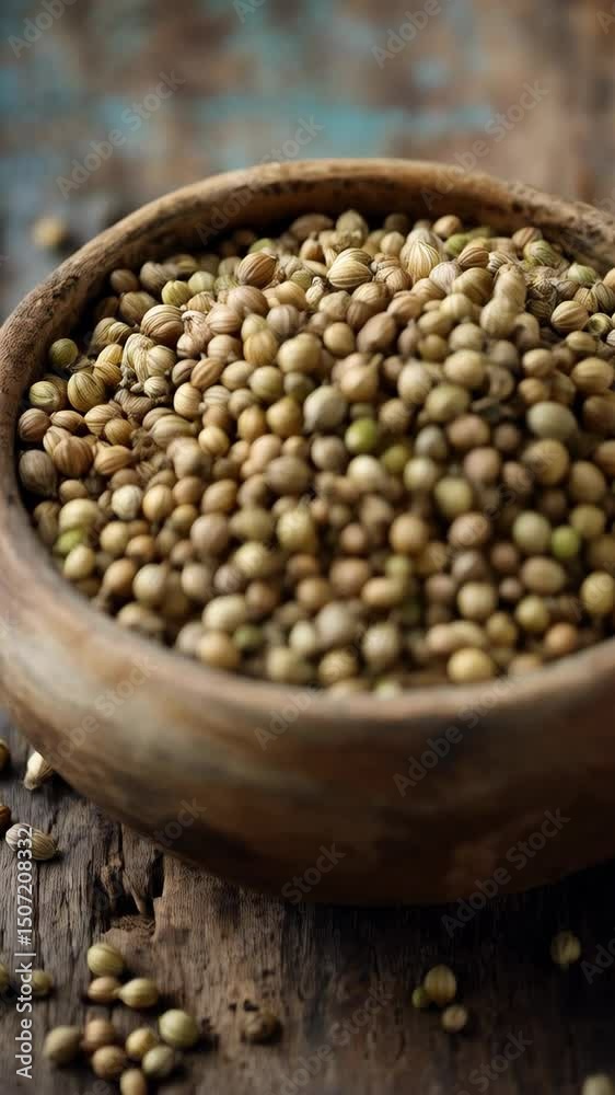 Aromatic coriander seeds in wooden bowl, spilling onto rustic wooden surface, vibrant, and providing a culinary spice ingredient. Aromatic coriander seeds in wooden bowl, spilling onto rustic wooden surface, vibrant, and providing a culinary spice ingredient.