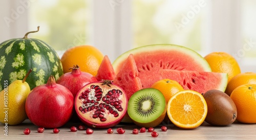 Fresh and Colorful Assortment of Juicy Fruits on Wooden Table
