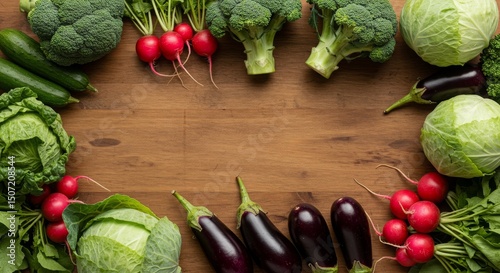 Fresh Variety of Vegetables Arranged on Wooden Table Background