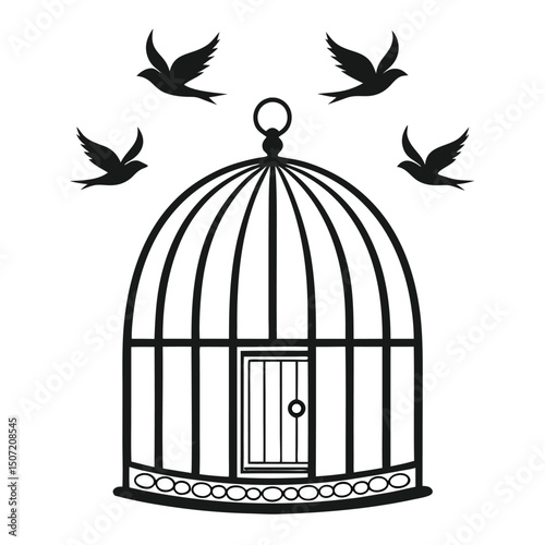 Symbolic freedom birds leaving cage vector illustration black and white minimalist design.