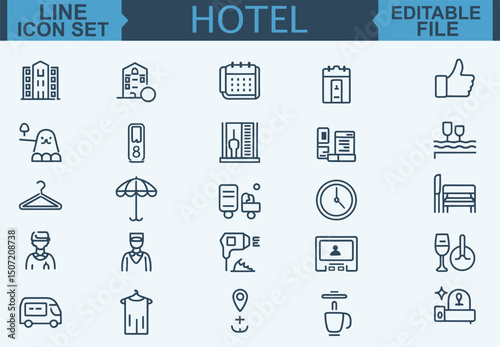 Thin Line Hotel Icon Set Room, Reception, Taxi, Booking, Hostel, Key Card, Check-In, Passport, Safe, Laundry, Fitness, and Pool Symbols in Vector Illustration