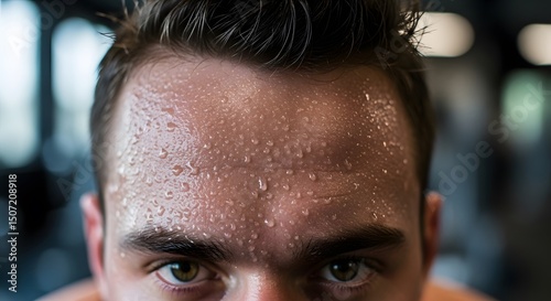 Sweaty man after workout close up fitness gym exercise sweating forehead health and wellness intense training
