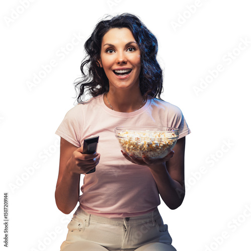 Young Beautiful woman stay home, during pandemic, spends his free time watching TV on couch at home, smiling munching popcorn and holding remote. Girl watching projector movies with popcorn in evening