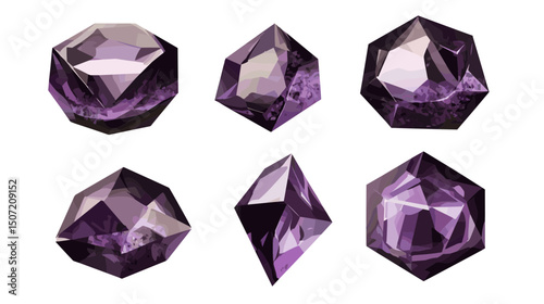 Isometric Purple Gemstones Collection Digital Art with Faceted Designs and Pixelated Texture on a White Background