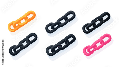 Isometric Set of Pixelated Chains in Orange Black and Pink on White Background