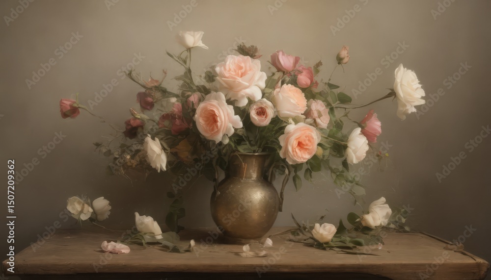 Fototapeta premium A still life symphony of roses in the soft glow of late afternoon light, painting memories of summer