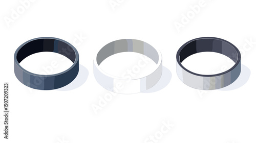 Isometric View of Three Dimensional Rings in Gradient Gray and White Tones on White Background