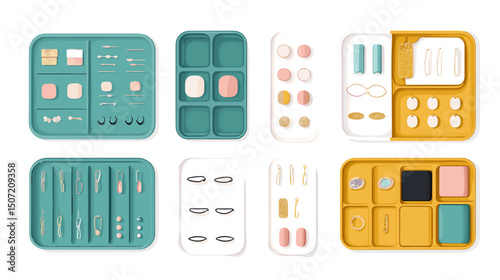 Jewelry Organizer Trays in Turquoise White Peach and Gold for Earrings and Rings Flat Lay Studio Shot