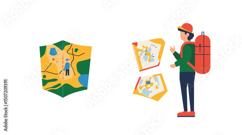 Man with Red Backpack Examining a Map for Hiking Adventure in Nature on White Background