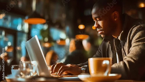 Thoughtful African man in cafe working on laptop, calmly focused on business with coffee, his determination and concentration amidst vibrant ambiance, relishing moment using computer.