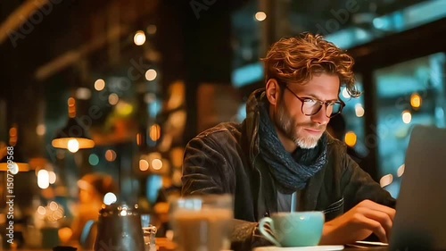 Adult Man with Eyeglasses and Scarf Works Focused on Laptop in Warm Indoor Cafe, Sipping Coffee and Exuding Relaxed Concentration for Work 155 Char