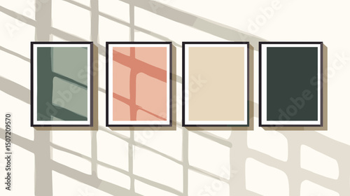 Modern Wall Art with Four Framed Abstract Geometric Prints and Window Shadows in Minimalist Style