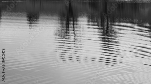 Fotografie Rippled surface of water with reflections of trees in black and white