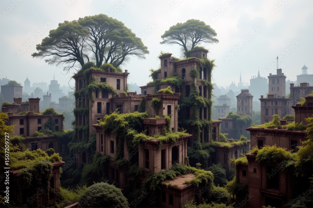 Fototapeta premium Where once stood civilization, nature reclaims its land, buildings now cradled in vines and crowned with trees