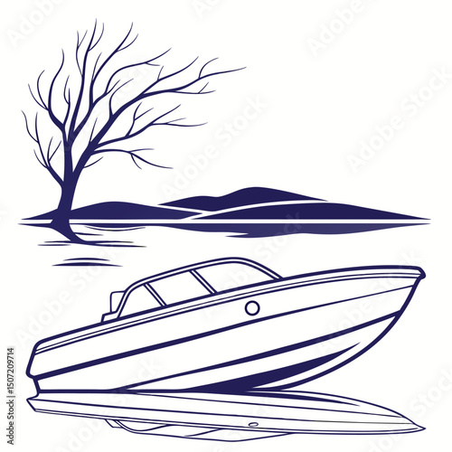 Modern boat graphic with bare tree and mountain silhouette line art illustration.